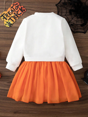 Young Girl Round Neck Long Sleeve Pumpkin Print Solid Color Patchwork Dress