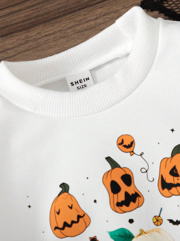 Young Girl Round Neck Long Sleeve Pumpkin Print Solid Color Patchwork Dress