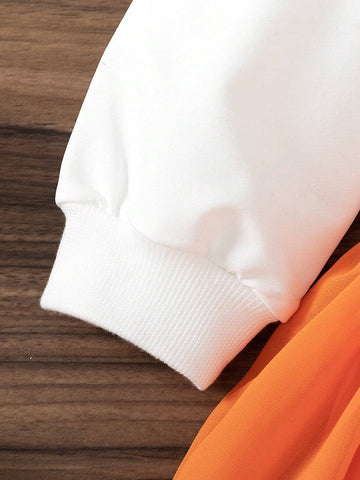 Young Girl Round Neck Long Sleeve Pumpkin Print Solid Color Patchwork Dress