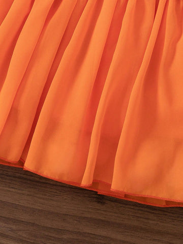 Young Girl Round Neck Long Sleeve Pumpkin Print Solid Color Patchwork Dress