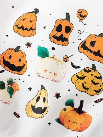 Young Girl Round Neck Long Sleeve Pumpkin Print Solid Color Patchwork Dress
