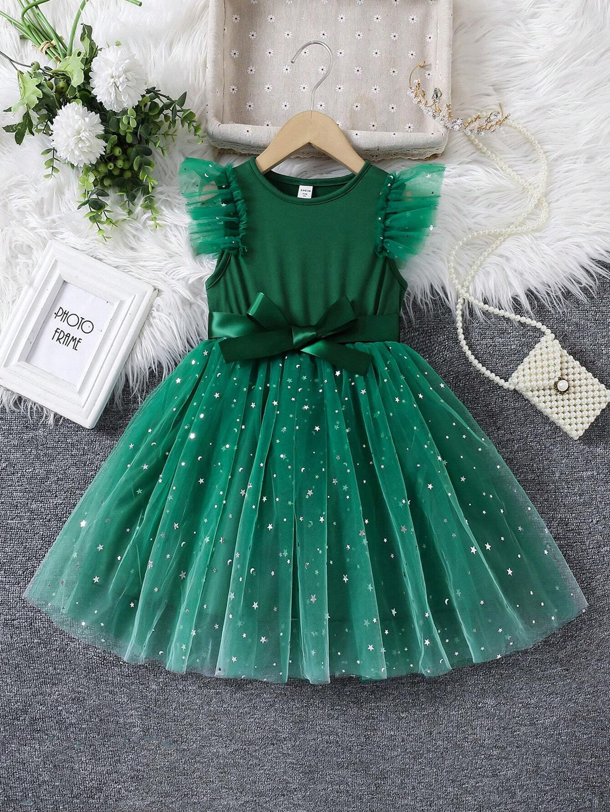 Young Girl Round Neck Patchwork Sequin Mesh Cap Sleeve Waist Bow Cute Dress