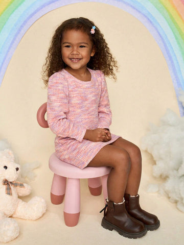 Young Girl Round Neck Puff Sleeve Textured Fabric Long Sleeve Dress, Suitable For Casual Daily Wear