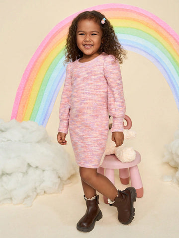 Young Girl Round Neck Puff Sleeve Textured Fabric Long Sleeve Dress, Suitable For Casual Daily Wear