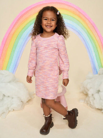 Young Girl Round Neck Puff Sleeve Textured Fabric Long Sleeve Dress, Suitable For Casual Daily Wear