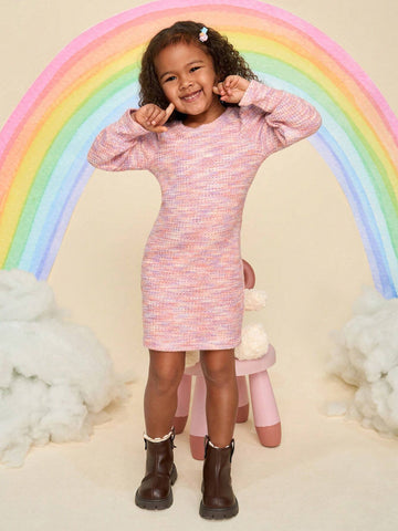 Young Girl Round Neck Puff Sleeve Textured Fabric Long Sleeve Dress, Suitable For Casual Daily Wear
