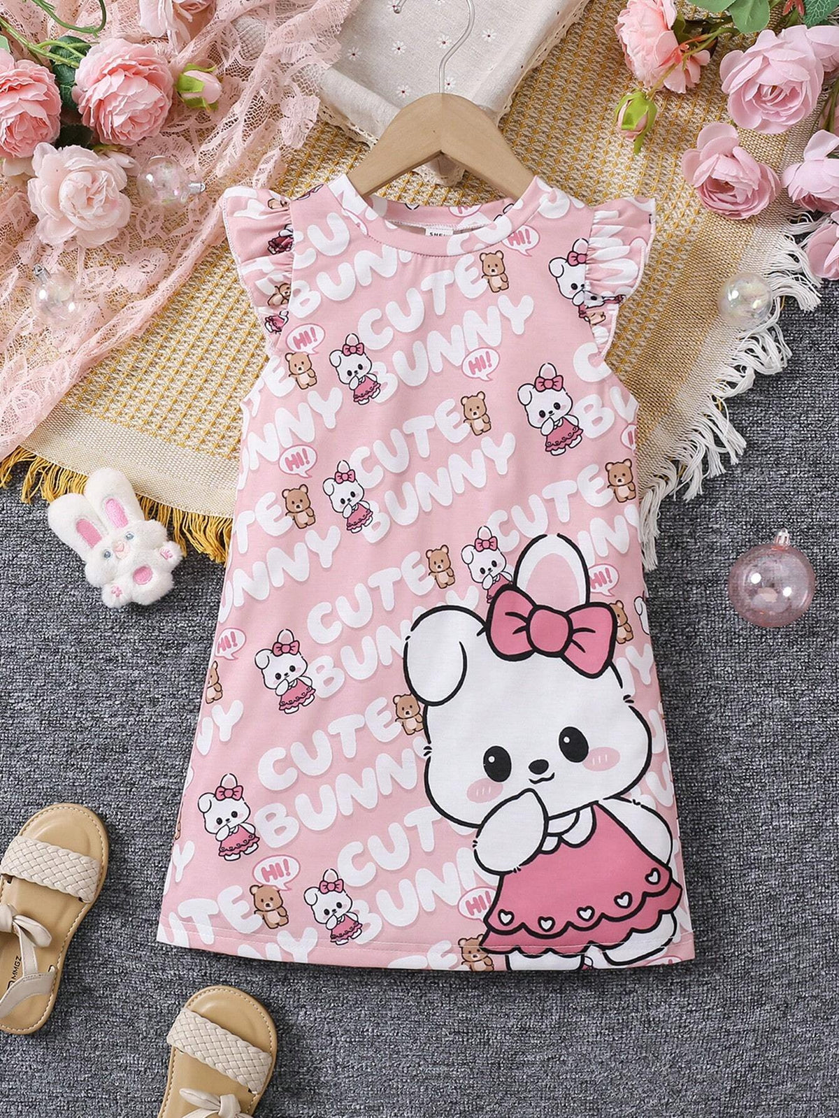 Young Girl' Round Neck Ruffle Hem Allover Print Dress