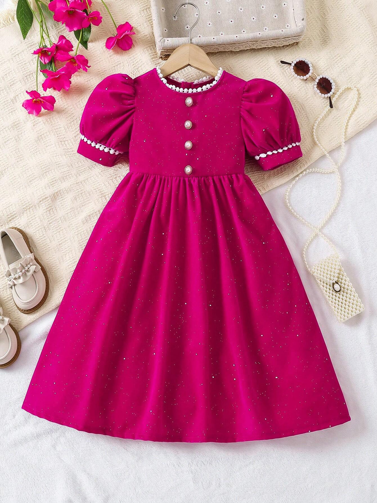 Young Girl Round Neck Short Puff Sleeve Button Design Cute Casual Dress