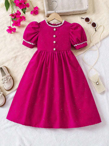 Young Girl Round Neck Short Puff Sleeve Button Design Cute Casual Dress
