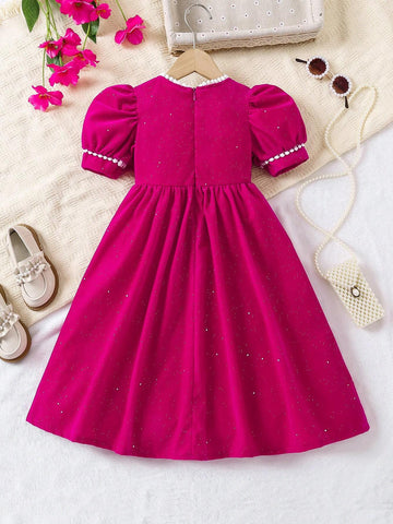 Young Girl Round Neck Short Puff Sleeve Button Design Cute Casual Dress