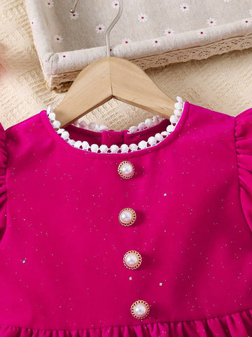 Young Girl Round Neck Short Puff Sleeve Button Design Cute Casual Dress
