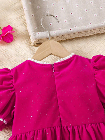 Young Girl Round Neck Short Puff Sleeve Button Design Cute Casual Dress