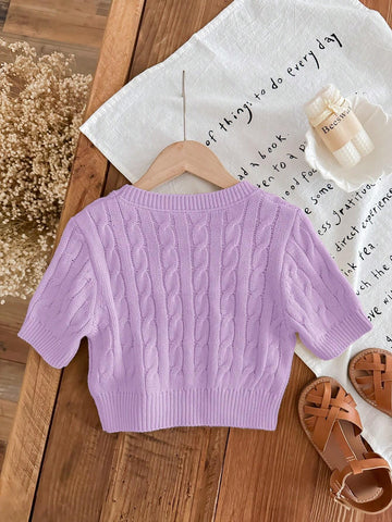 Young Girl Round Neck Short Sleeve Bear Graphic Casual Knit Sweater