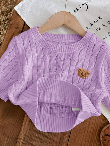 Young Girl Round Neck Short Sleeve Bear Graphic Casual Knit Sweater
