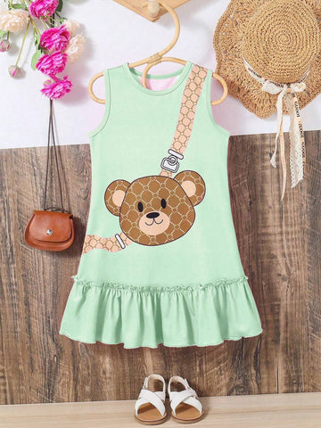 Young Girl Round Neck Sleeveless Fashionable Cute Printed Ruffle Detail Dress