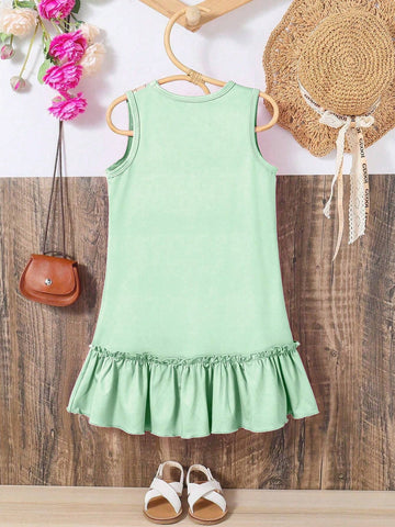 Young Girl Round Neck Sleeveless Fashionable Cute Printed Ruffle Detail Dress
