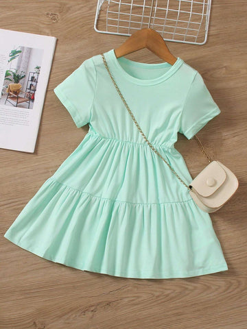 Young Girl Round Neck Solid Color Short Sleeve Ruched Waist Summer Casual Dress, Fashionable, Sporty, Cute Spring/Summer