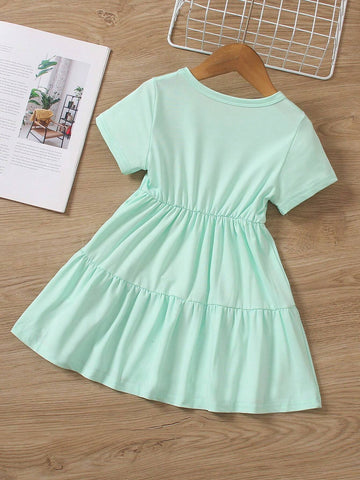 Young Girl Round Neck Solid Color Short Sleeve Ruched Waist Summer Casual Dress, Fashionable, Sporty, Cute Spring/Summer