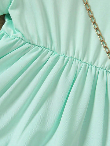 Young Girl Round Neck Solid Color Short Sleeve Ruched Waist Summer Casual Dress, Fashionable, Sporty, Cute Spring/Summer