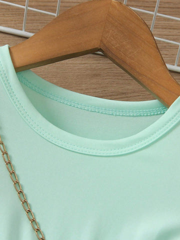 Young Girl Round Neck Solid Color Short Sleeve Ruched Waist Summer Casual Dress, Fashionable, Sporty, Cute Spring/Summer