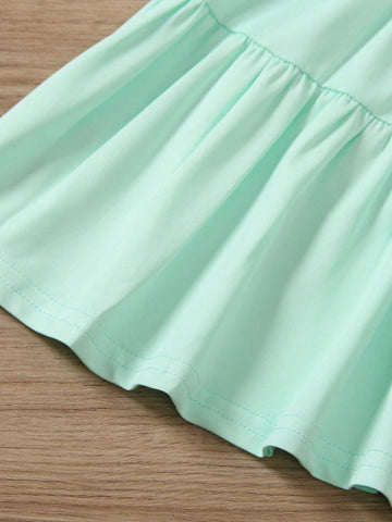 Young Girl Round Neck Solid Color Short Sleeve Ruched Waist Summer Casual Dress, Fashionable, Sporty, Cute Spring/Summer