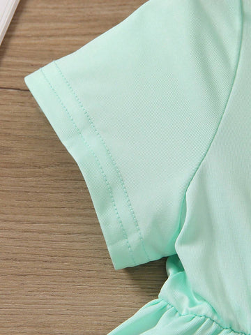 Young Girl Round Neck Solid Color Short Sleeve Ruched Waist Summer Casual Dress, Fashionable, Sporty, Cute Spring/Summer