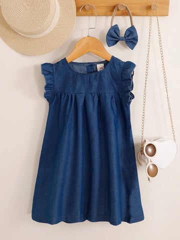 Young Girl Ruffle Trim Button Back Dress & Headband