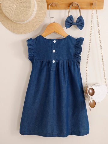 Young Girl Ruffle Trim Button Back Dress & Headband