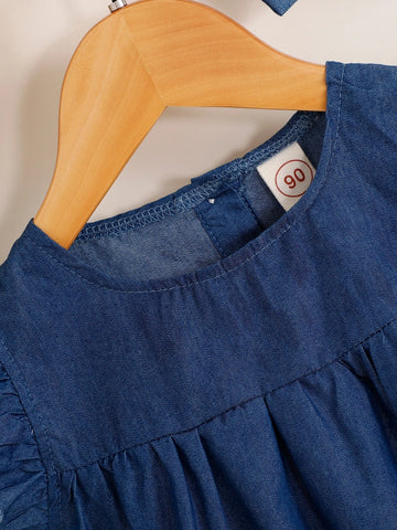 Young Girl Ruffle Trim Button Back Dress & Headband