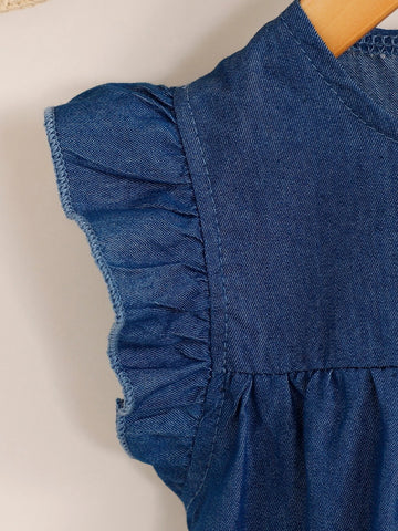 Young Girl Ruffle Trim Button Back Dress & Headband