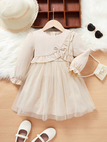 Young Girl Ruffle Trim Flounce Sleeve Mesh Overlay Dress