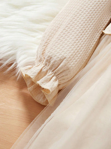 Young Girl Ruffle Trim Flounce Sleeve Mesh Overlay Dress