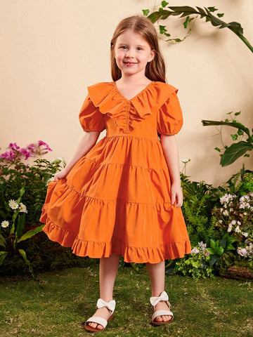Young Girl Ruffle Trim Puff Sleeve Dress