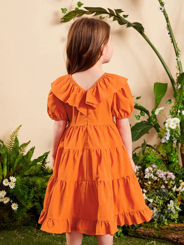 Young Girl Ruffle Trim Puff Sleeve Dress