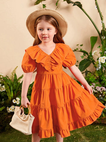 Young Girl Ruffle Trim Puff Sleeve Dress