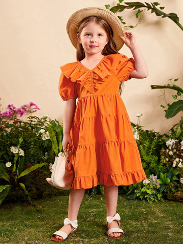 Young Girl Ruffle Trim Puff Sleeve Dress