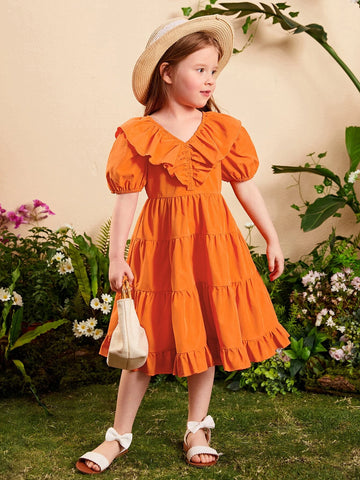 Young Girl Ruffle Trim Puff Sleeve Dress