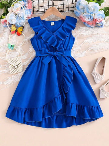 Young Girl' Ruffled Hem Asymmetrical Hem Princess Dress, Crimson Red, Mexico Children's Day