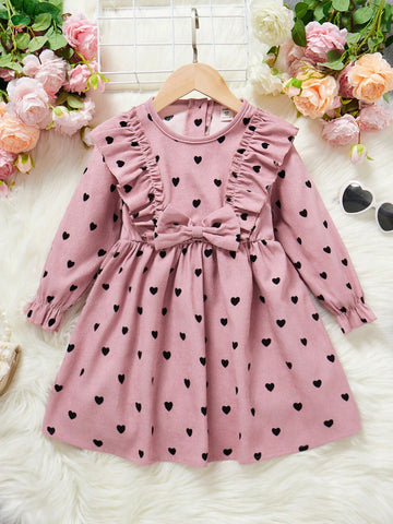 Young Girl Scoop Neck Long Sleeve All-Over Heart Print Dress With Bow Decor