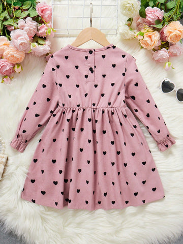 Young Girl Scoop Neck Long Sleeve All-Over Heart Print Dress With Bow Decor