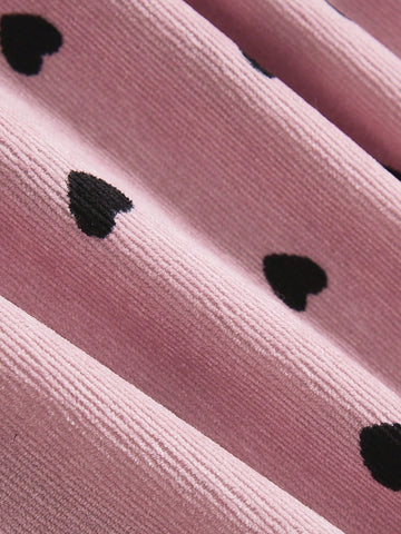 Young Girl Scoop Neck Long Sleeve All-Over Heart Print Dress With Bow Decor