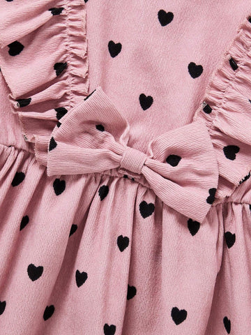 Young Girl Scoop Neck Long Sleeve All-Over Heart Print Dress With Bow Decor