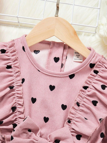 Young Girl Scoop Neck Long Sleeve All-Over Heart Print Dress With Bow Decor