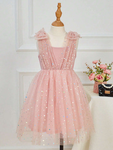 Young Girl Sequin Bow Shoulder Party Dress