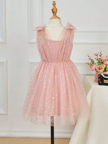 Young Girl Sequin Bow Shoulder Party Dress