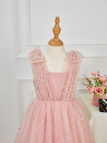 Young Girl Sequin Bow Shoulder Party Dress