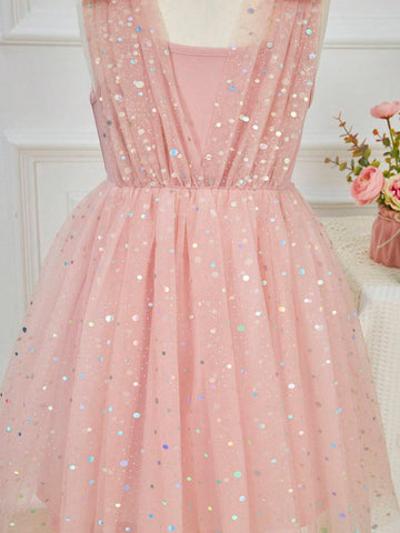Young Girl Sequin Bow Shoulder Party Dress