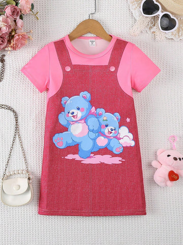 Young Girl Short Sleeve Cat Print 2 In 1 Suspender Dress, Summer