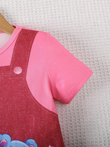 Young Girl Short Sleeve Cat Print 2 In 1 Suspender Dress, Summer