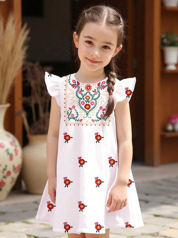 Young Girl Simple Floral Pattern Ruffled Hem Casual Dress